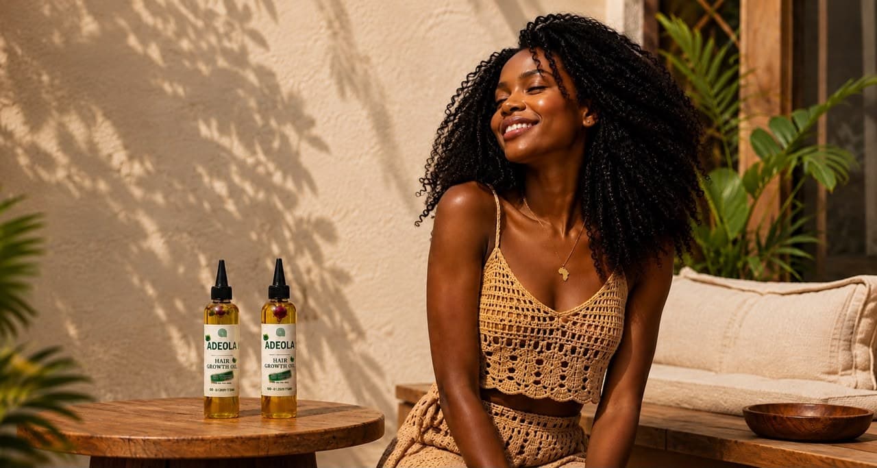A woman smiling outdoors next to ADEOLA Global's Rosemary Hair Growth Oil bottles